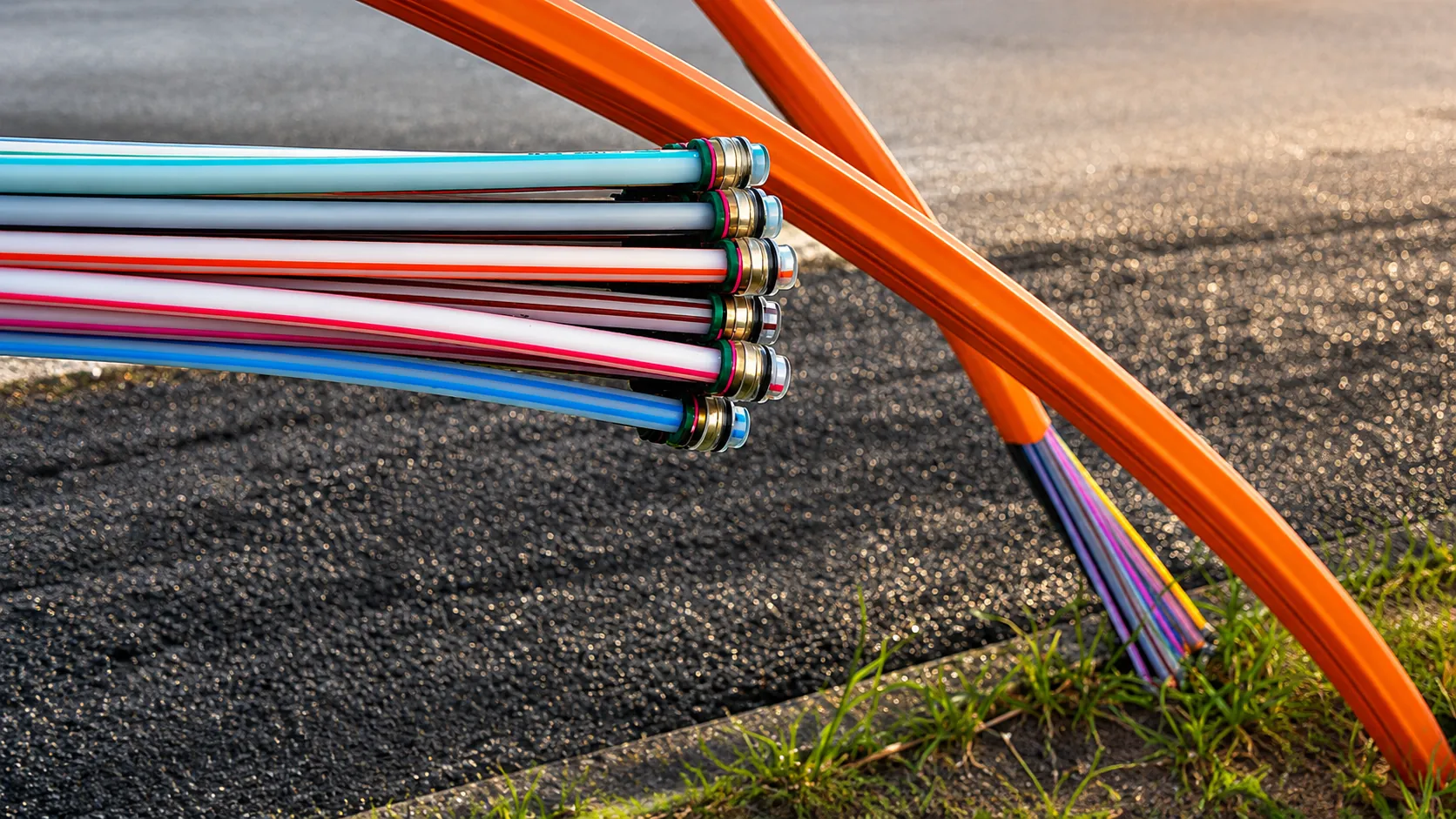 Orange fiber conduit staged along a roadside broadband build