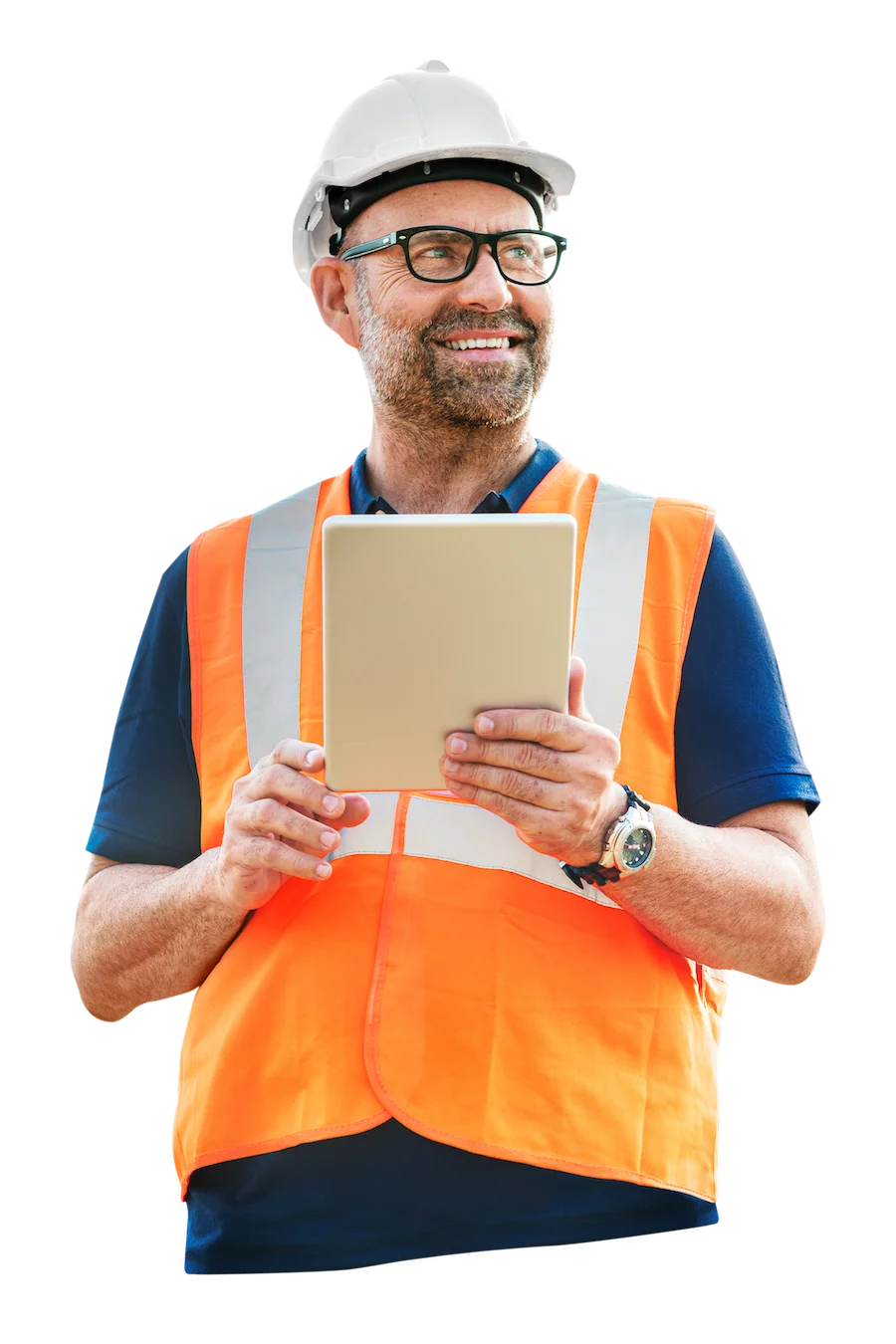 A field supervisor in a hard hat and hi-vis vest reviewing plans on a tablet